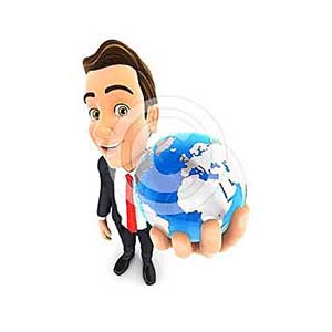 3d businessman holds blue earth