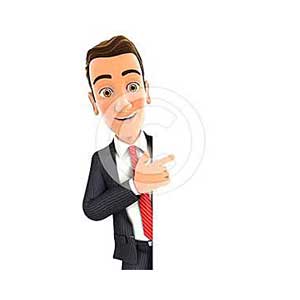 3d businessman pointing to right blank wall