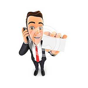 3d businessman on the phone and holds blank card