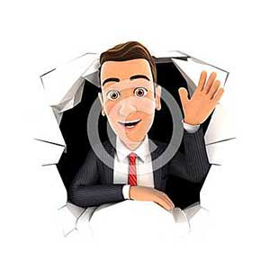 3d businessman waving hand through hole in wall