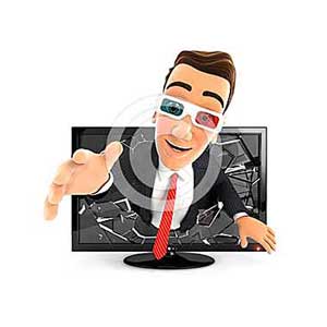 3d businessman coming out of 3d television
