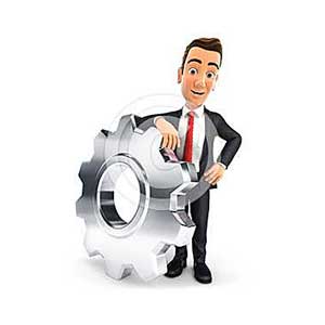 3d businessman leaning on a gear
