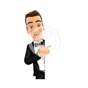 3d waiter pointing to right blank wall