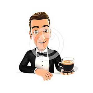 3d waiter behind empty wall and holding a cup of coffee