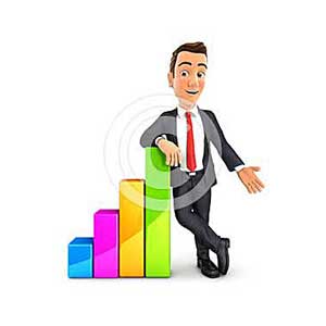 3d businessman leaning against bar chart