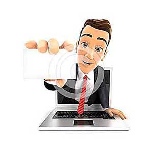 3d businessman coming out of laptop with a business card
