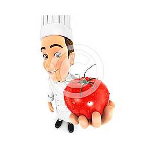 3d head chef holding a fresh tomato
