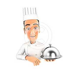 3d head chef holding restaurant cloche