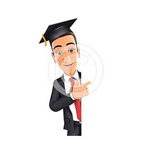 3d businessman with mortarboard pointing to right blank wall