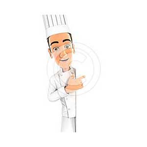 3d head chef pointing to right blank wall
