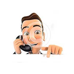 3d businessman on phone and pointing to empty wall