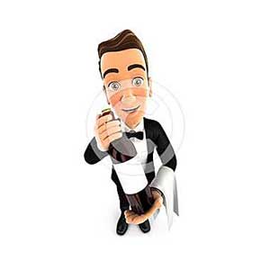 3d wine waiter holding red wine bottle