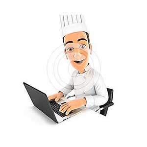 3d head chef working on laptop