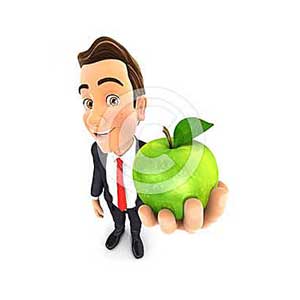 3d businessman holding green apple