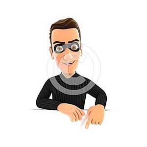 3d masked thief pointing to empty wall