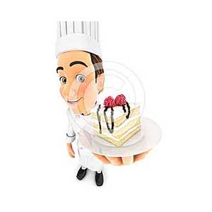 3d head pastry chef holding piece of cake
