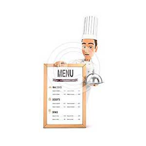 3d head chef with the restaurant menu