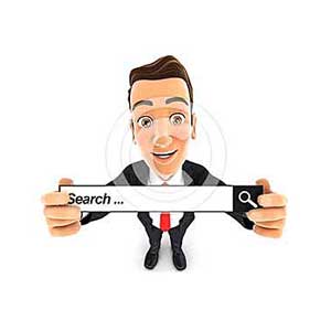 3d businessman holding a search bar