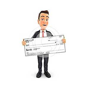 3d businessman holding big bank check