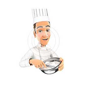 3d head pastry chef holding whisk and bowl