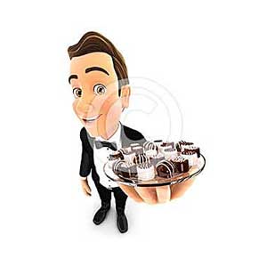 3d waiter holding plate with various chocolates