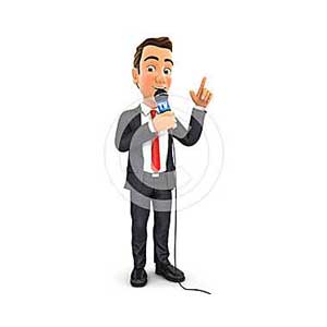 3d businessman reporter with microphone
