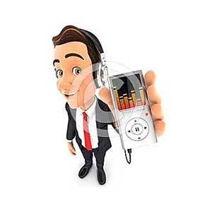 3d businessman listening music on mp3 player