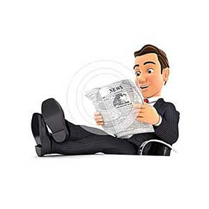 3d businessman reading newspaper with feet on desk