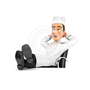 3d head chef relaxing with feet up on his desk