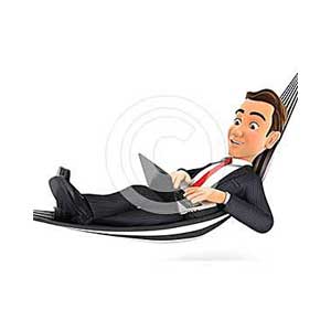 3d businessman lying in hammock and working on laptop