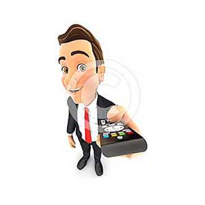 3d businessman holding television remote control