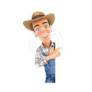 3d farmer pointing to right blank wall