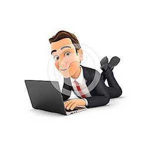 3d businessman lying on the floor and using laptop