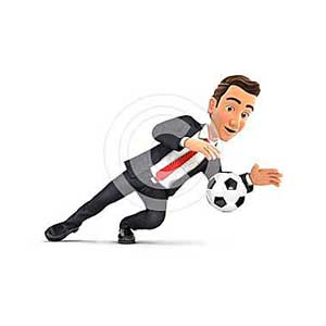 3d businessman stopping soccer ball
