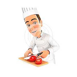 3d head chef cutting a tomato