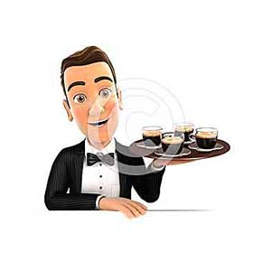 3d waiter holding four cups of coffee