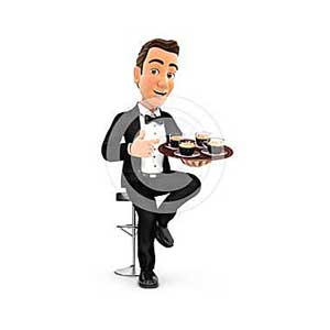 3d waiter sitting on bar chair with cups of coffee