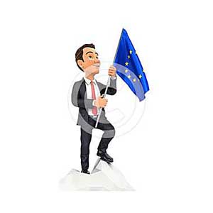 3d businessman holding european flag on top of mountain