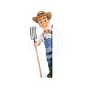3d farmer with fork behind blank wall