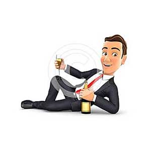 3d businessman lying on the floor with champagne
