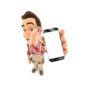 3d handyman holding smartphone