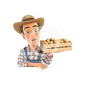 3d farmer holding wooden crate of potatoes
