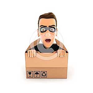 3d thief hiding inside a cardboard box