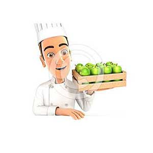 3d head chef holding wooden crate of apples