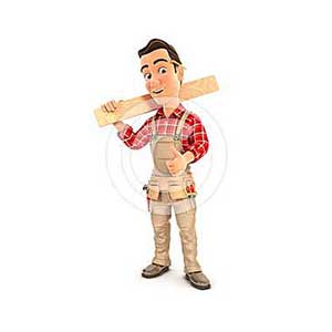 3d handyman carrying wooden plank on shoulder