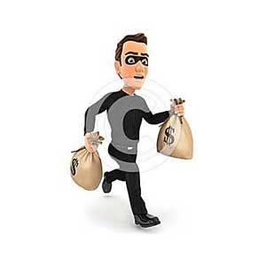 3d thief running with bags of money