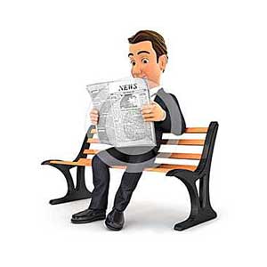 3d businessman reading newspaper on public bench