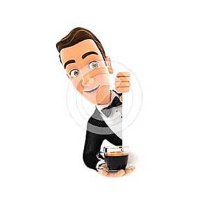 3d waiter behind left wall and holding cup of coffee