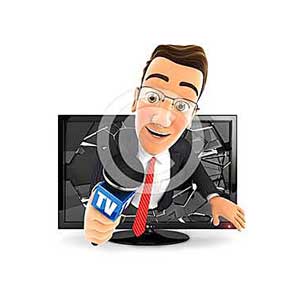 3d businessman with microphone coming out of television