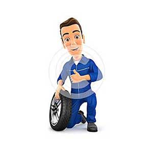 3d mechanic with tire and thumb up
